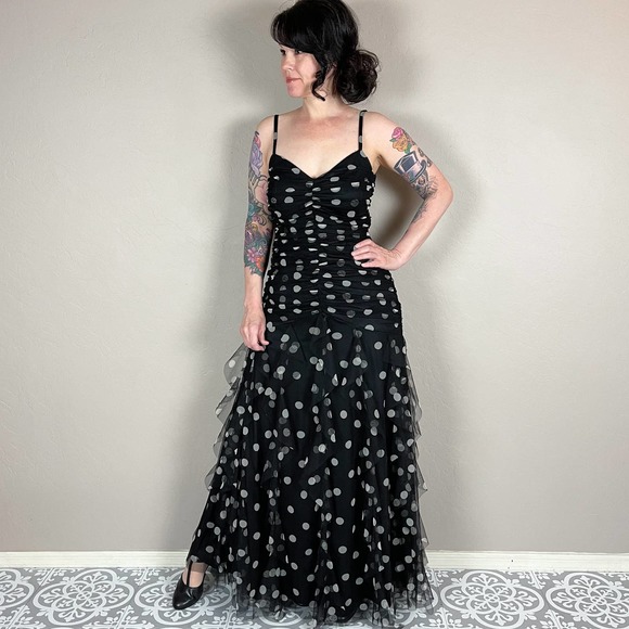 Vintage Dresses & Skirts - Vintage 1980s Black and White Polka Dot Tulle Ruffled Mermaid Maxi Dress